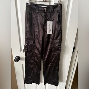 🆕 Love Fire Women’s Chocolate Brown Satin Cargo Wide Leg Pants